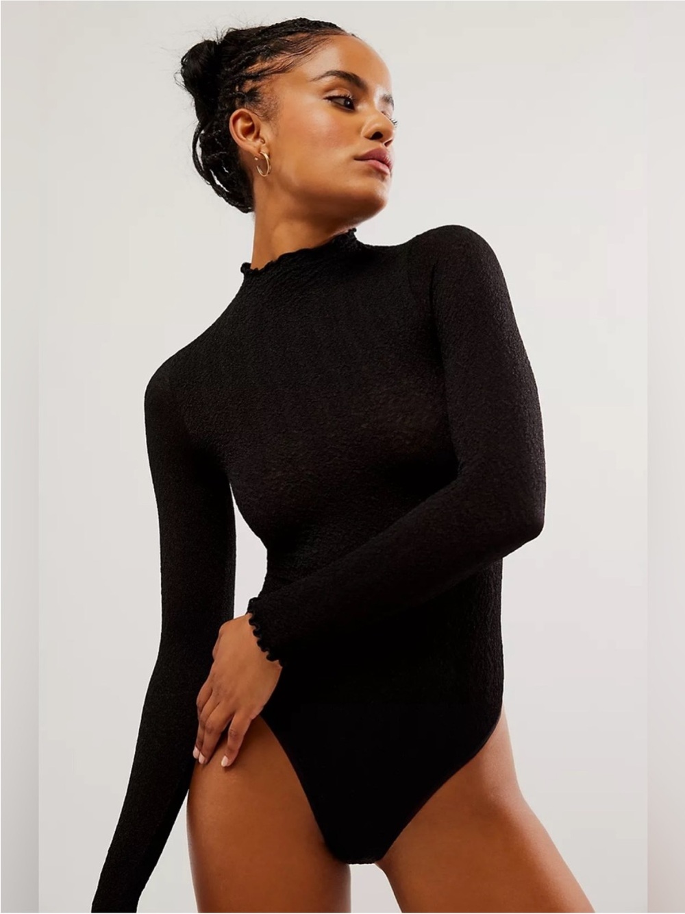 Free People Black Long-Sleeve Mock Neck Bodysuit